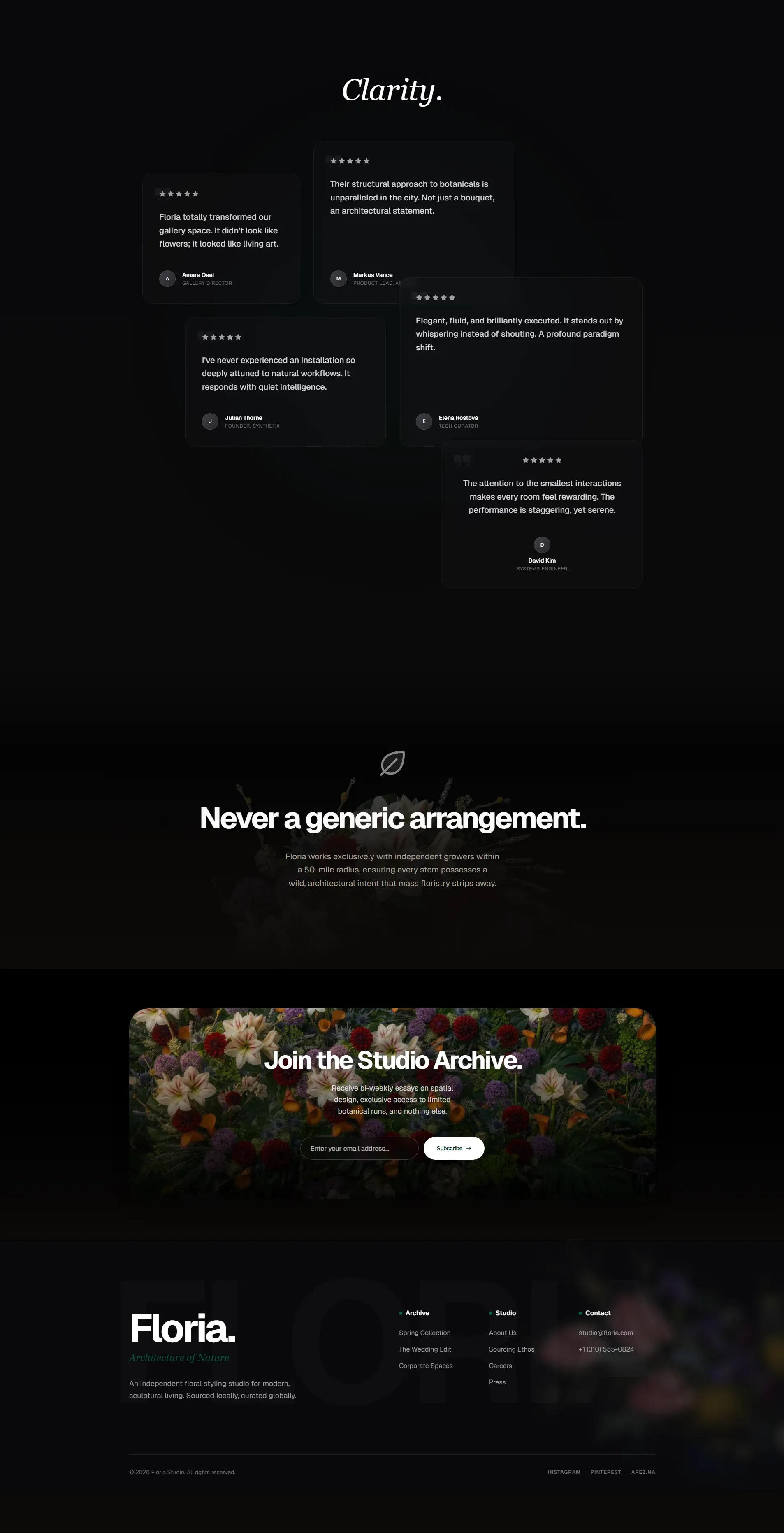 Floria site, bottom of page, built with taste-skill